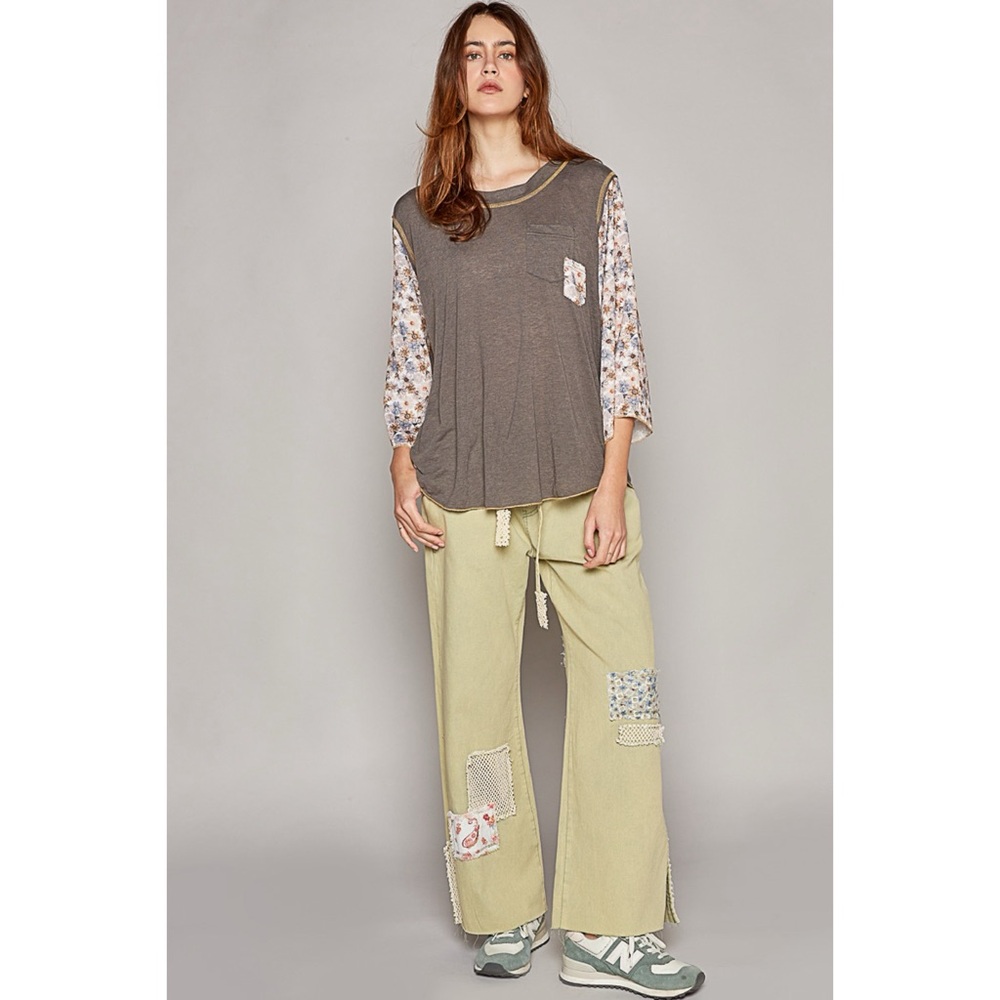 POL Charcoal Slub Knit Floral Sleeve Top - Picture 7 of 8
